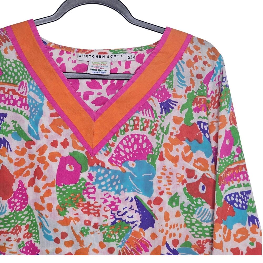 Gretchen Scott Women's Medium Beach Mixed Print Cotton Blouse V-Neck Whimsical